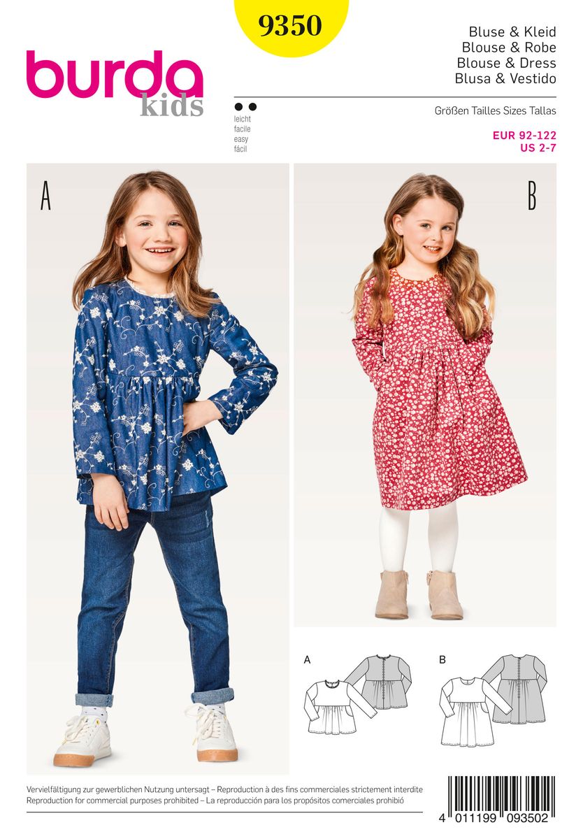 Schöner Leben Burda Schnittmuster 9350 Kinder Bluse & Kleid Größe 92-122