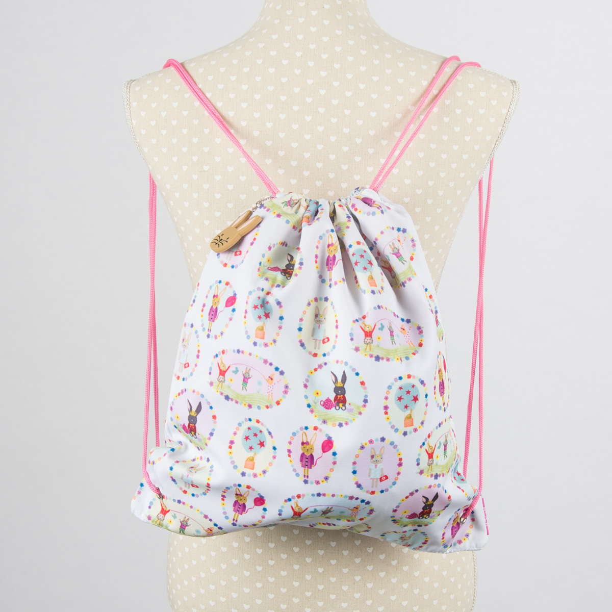 Schöner Leben Rucksack Turn-Beutel Kids mit Kordeln Hase weiß rosa 36x40cm