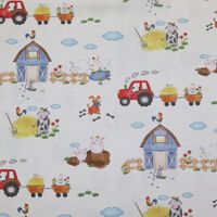 Gardinenstoff Stoff Dekostoff Kinderstoff HOFGAUDI Bauernhof Traktor Tiere creme bunt 1,60m Breite