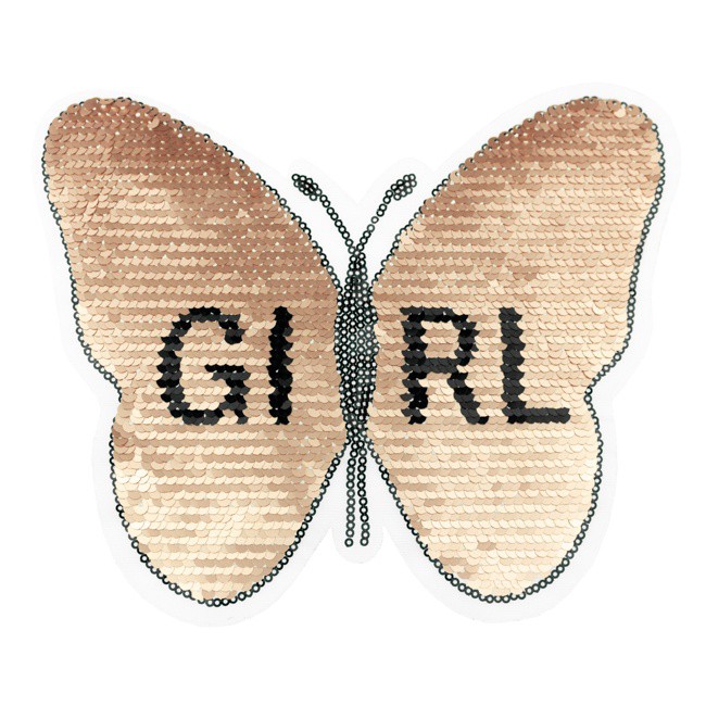 Schöner Leben Applikationen Aufnäher Wendepailletten Schmetterling GIRL goldfarbig silberfarbig schwarz 22x18cm