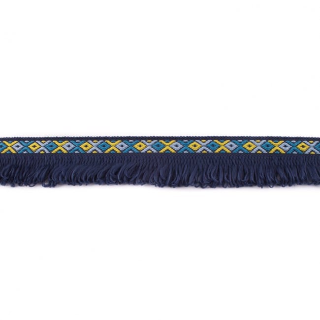 Schöner Leben Fransenband Webband Ibiza Ethnoband Rauten Meterware dunkelblau 2,6cm Breite