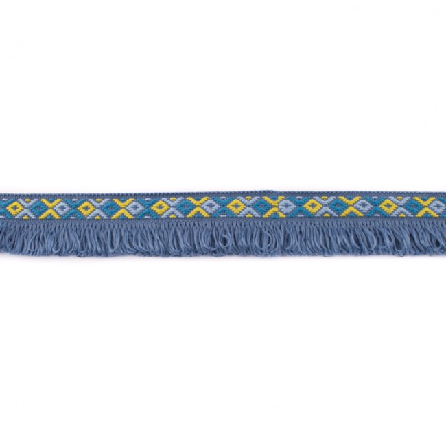 Schöner Leben Fransenband Webband Ibiza Ethnoband Rauten Meterware jeansblau 2,6cm Breite