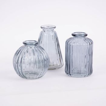 Sass & Belle Vasen klein 3er Set Glas gerillt grau verschiedene Formen