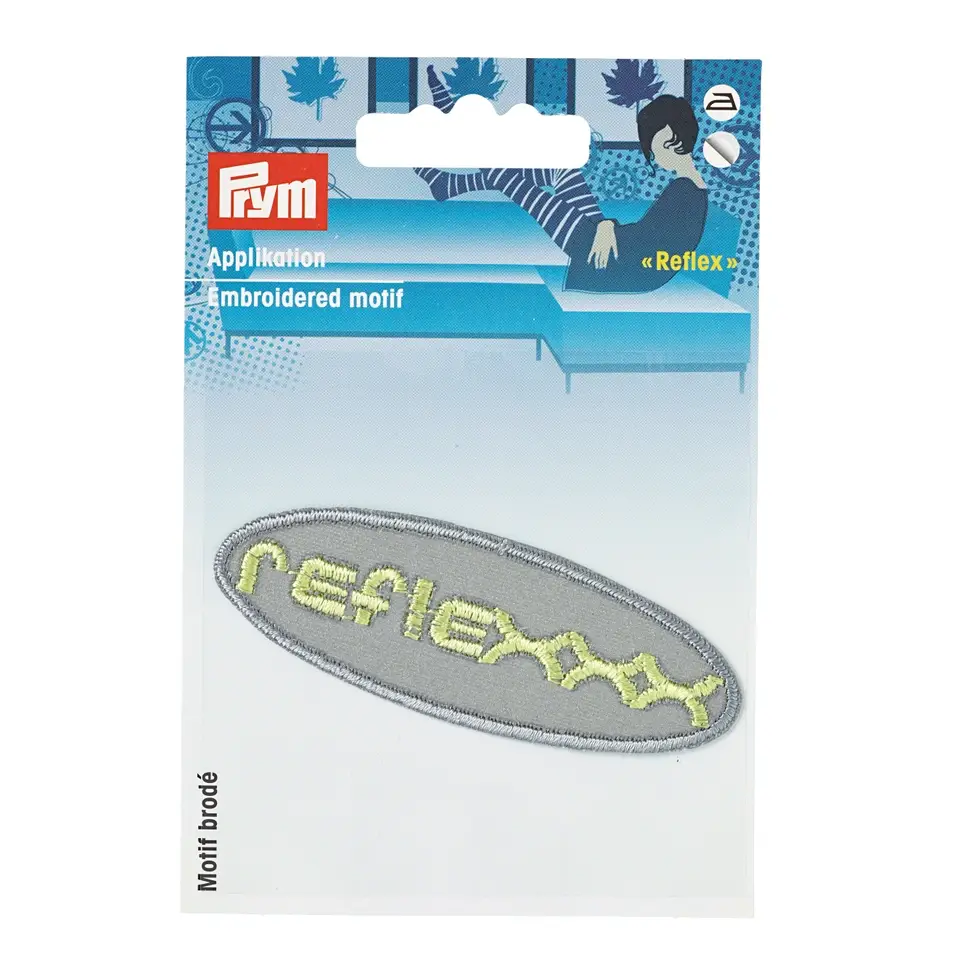 Schöner Leben Prym Applikation Reflex selbstklebend aufbügelbar Aufschrift reflexx grau hellgrün 7,5x2,5cm