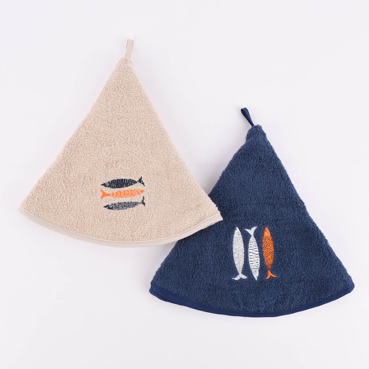Geschirrtuch Frotteetuch Stickerei Fische beige oder blau rund 55cm