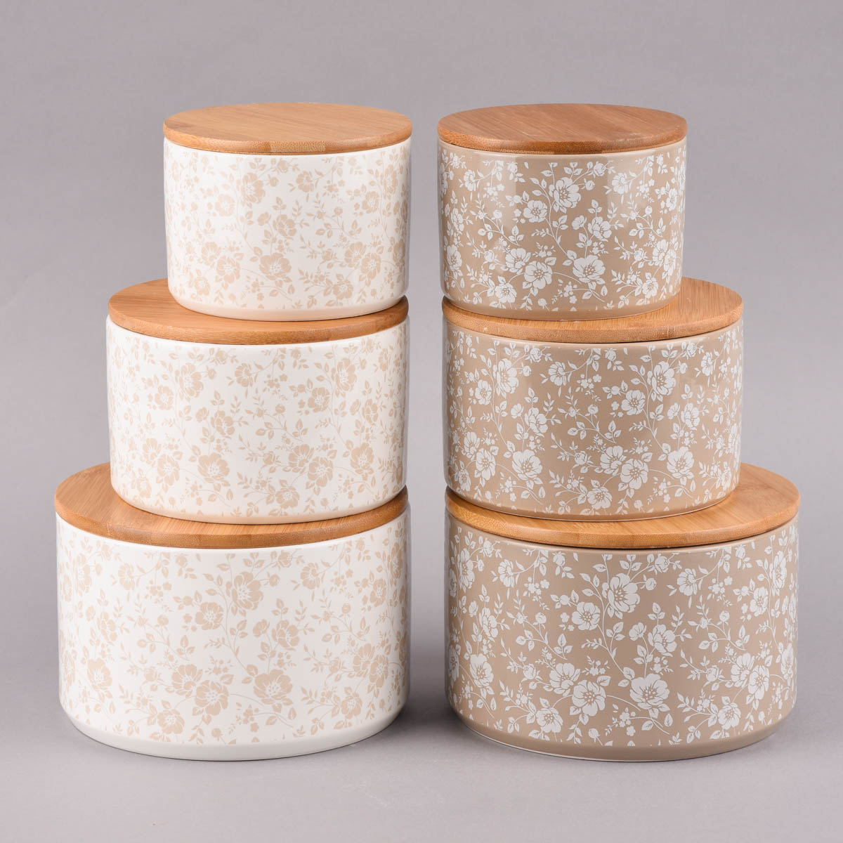 3er Set Vorratsdose Blumenranken aus Keramik mit Bambusdeckel weißer oder beigefarbener Hintergrund 16x11cm