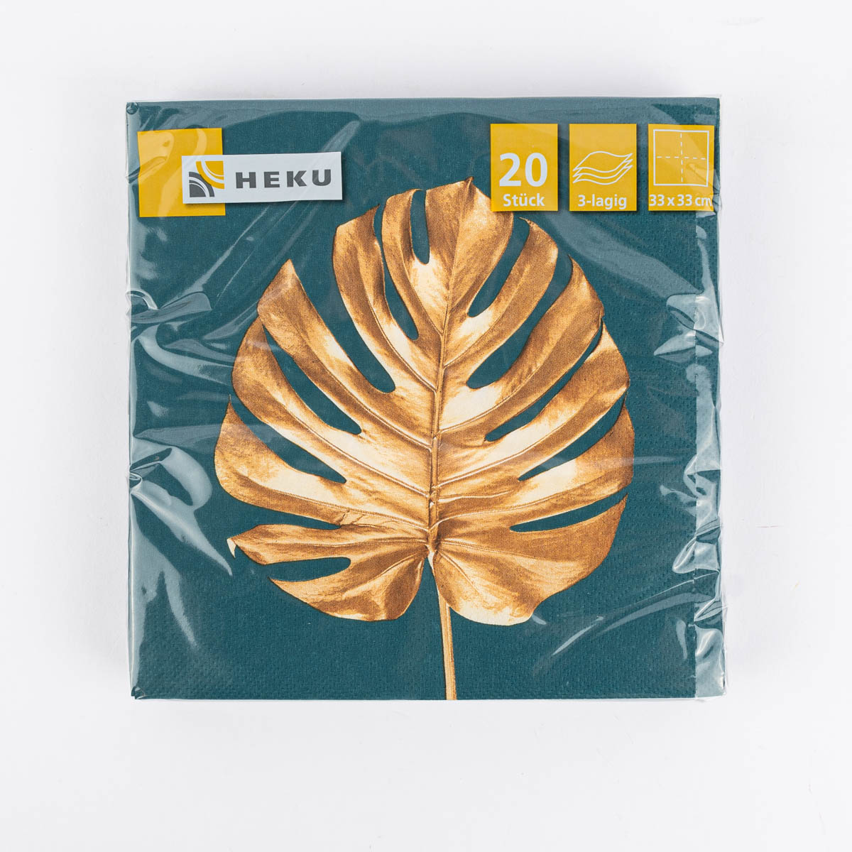 Schöner Leben Serviette Golden Leaf Monstera-Blatt türkis goldfarbig 33x33cm 3lagig 20 Stück