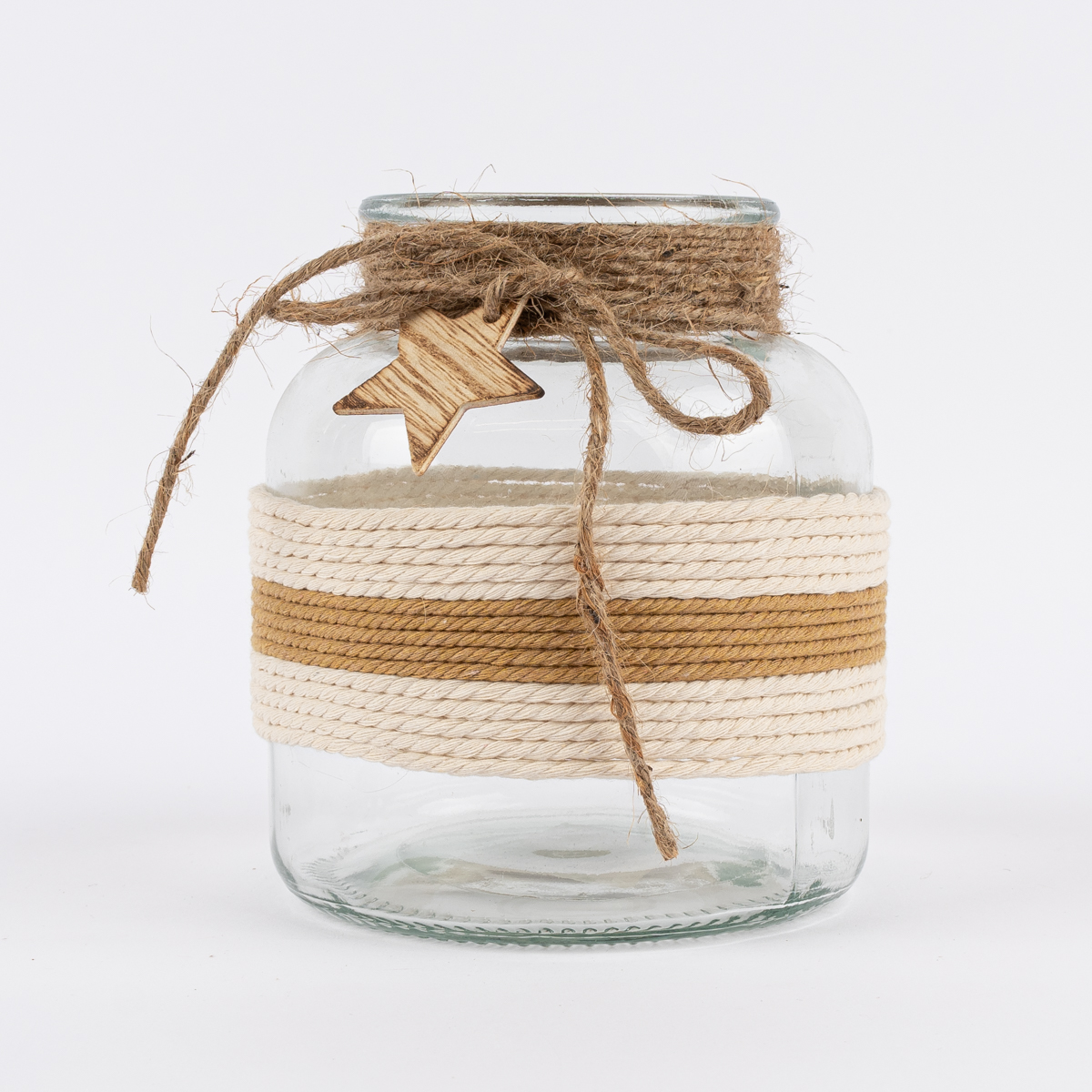 Schöner Leben Windlicht Stern aus Glas mit Jute natur-weiß oder weiß-natur 14x16cm