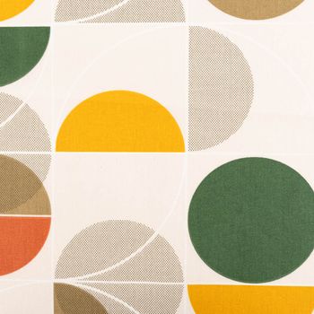 Tischdeckenstoff abwaschbar Baumwollstoff beschichtet Joris Retro Kreise ecru grün orange gelb grau 1,55m Stoffbreite