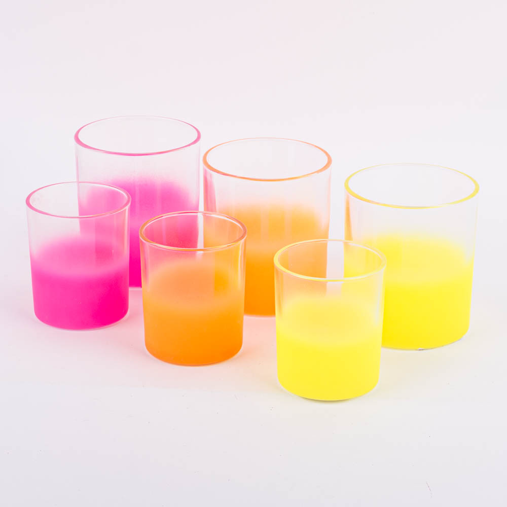 Windlicht Set aus Glas mit Neonfarbstreifen in gelb pink oder orange 8,5 u. 10cm