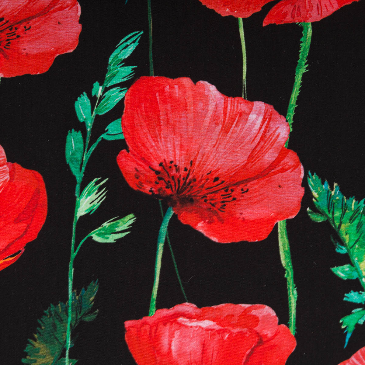 Schöner Leben Baumwollstoff Popeline Fine Poplin Digitaldruck POPPY FLOWERS Mohnblumen schwarz rot 1,45m Breite