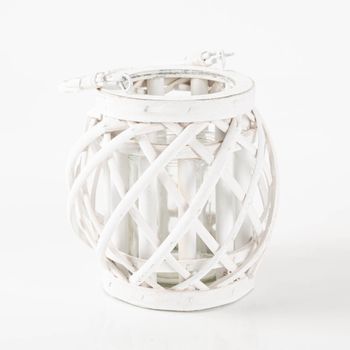 Windlicht aus Holzgeflecht mit Henkel und Glaseinsatz weiß 16x16cm von Countryfield