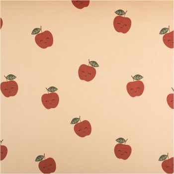 Weicher French Terry Sommersweat in 150 cm Breite mit Schlingenstruktur auf der Rückseite. Das Design zeigt rote Äpfel mit niedlichen Lachgesichtern und grünen Blättern auf beigem Grund. Ideal für bequeme Kinderbekleidung oder Freizeitmode - Vollansicht